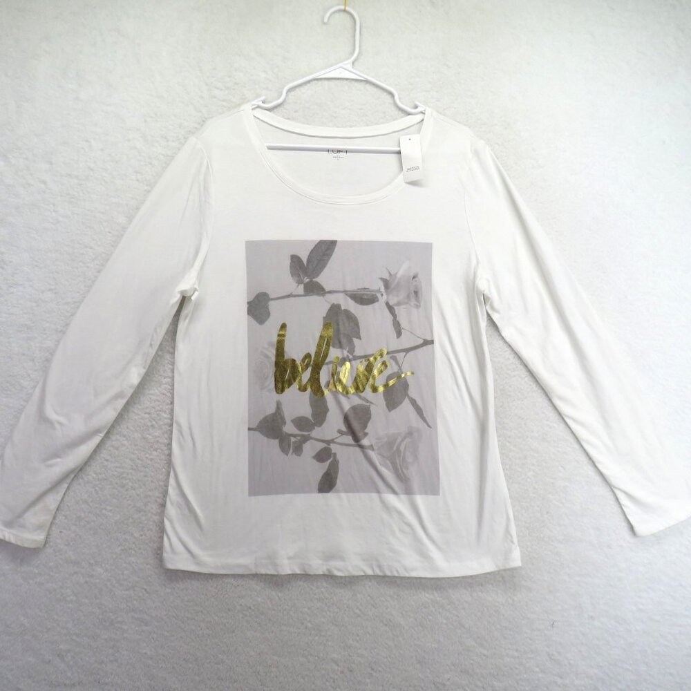 LOFT Shirt Womens XL White Gold Believe Rose Graphic‎ Long Sleeve Crewneck Top